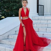 janevini sexy high slit prom dresses long elegant two piece red beaded tulle evening dress 2019 a line v neck women party gowns