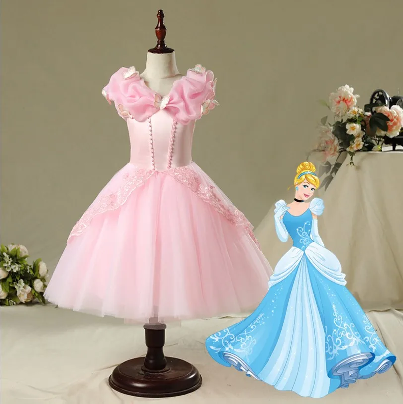 cinderella pink shor Нарядный костюм на Хэллоуин; Детские платья принцессы Авроры, Белль, Золушки, Софии, Рапунцель; бальное платье для девочек; вечерние платья Эльзы; vestido - Цвет: cinderella pink shor