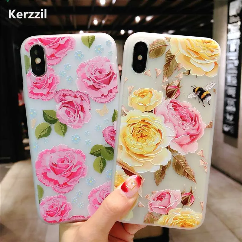 Kerzzil 3D рельефный чехол для телефона с розами iPhone 6 6S Plus TPU силиконовые чехлы X 8 7