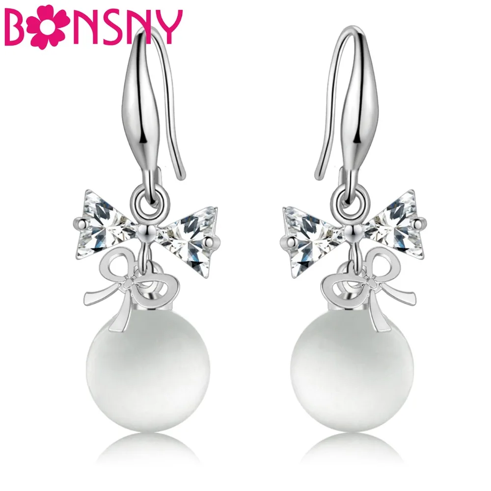 

Bonsny Silverstone Bowknot Opal Cubic Zircon Hook Earrings Dangle Drop Zirconia Charms For Women Girls Teen Gift Fashion Jewelry