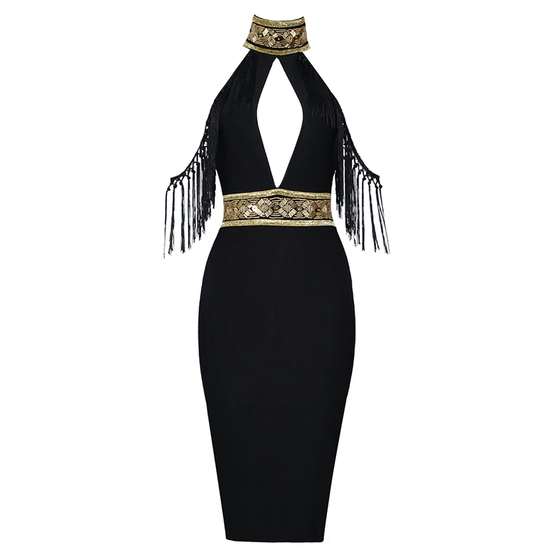 Высококачественное черное Бандажное платье с открытыми плечами и кисточками