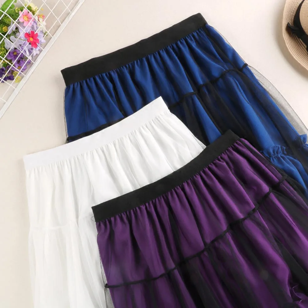 Summer 2018 New Korean Style Women Skirts A-Line Chiffon Office Lady High-Waist Pleated Mesh Patchwork Plain Girls Cupcake Skirt | Женская