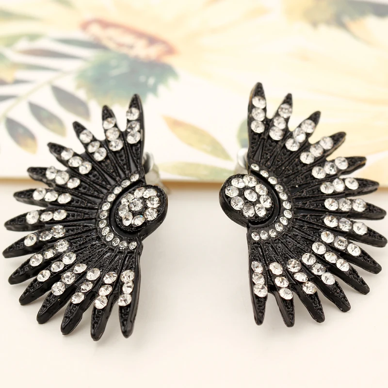 luxury statement crystal earrings black alloy fan-shaped full rhinestone jewelry | Украшения и аксессуары