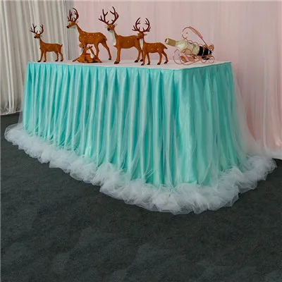 Organza tulle tutu chiffon baby shower birthday restaurant table skirt ice silk table skirting for wedding party banquet decor - Color: TURQUOISE