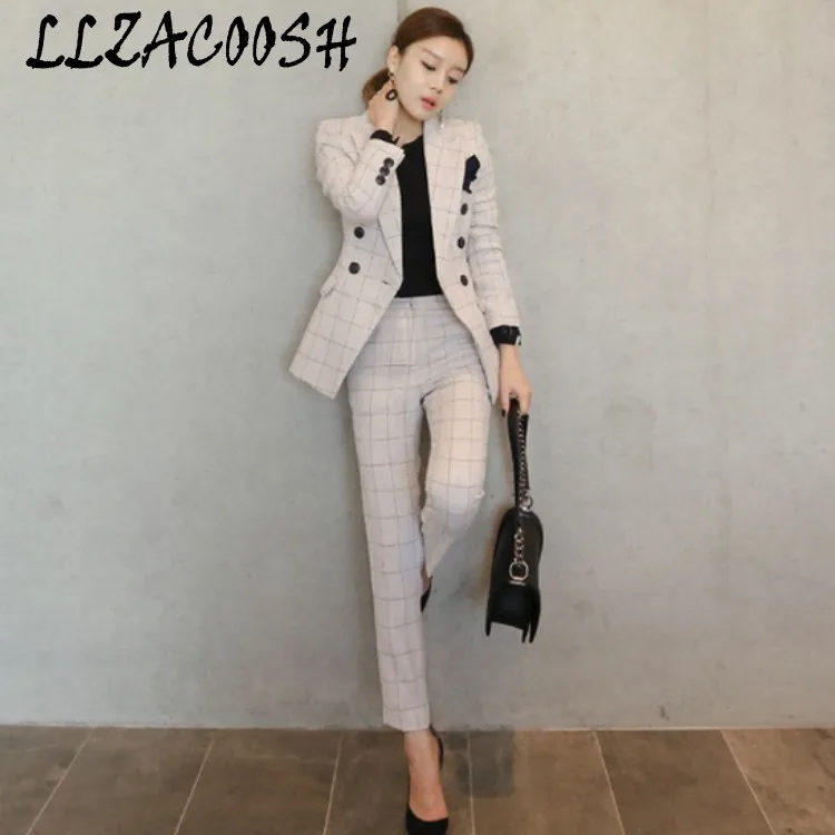 

2018 Autumn Elegant Office Lady Pant Suit Set Women Business Work Wear Two Piece Set Plaid Jacket Blazer & Slim Pant Set