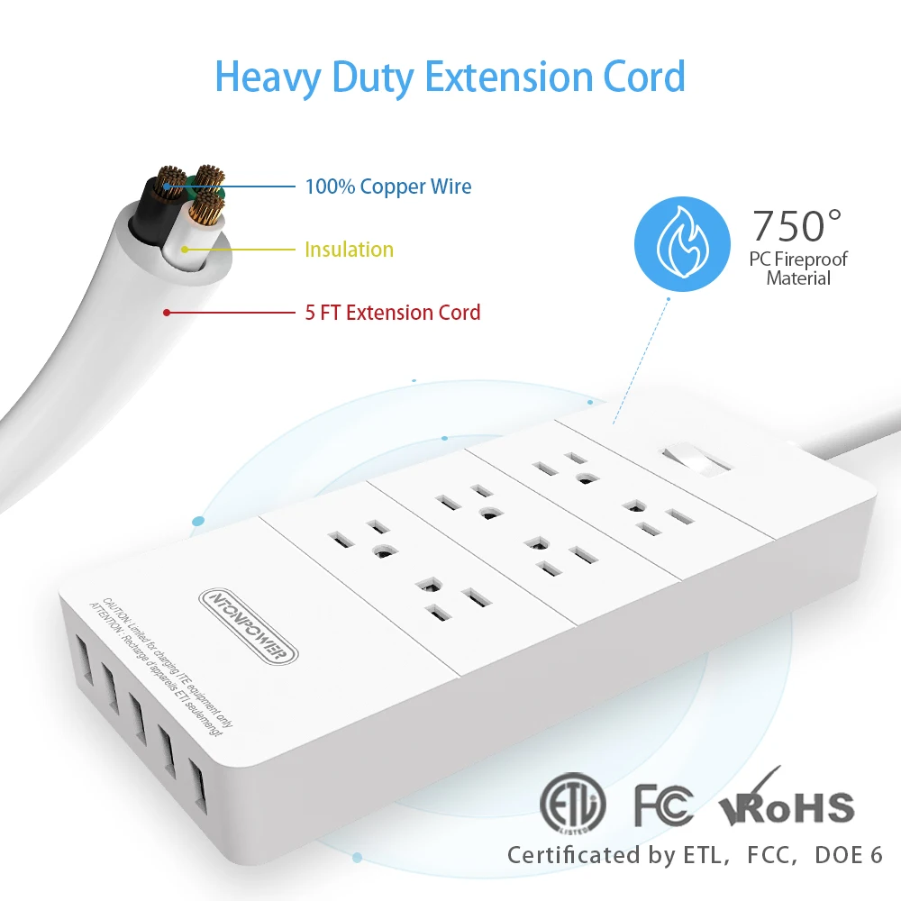 Фото NTON Защита от перенапряжения 1850 Вт умная лента питания с 6 выходами и 5 USB 40 Вт Зарядное устройство энергосбережение для дома ETL №3