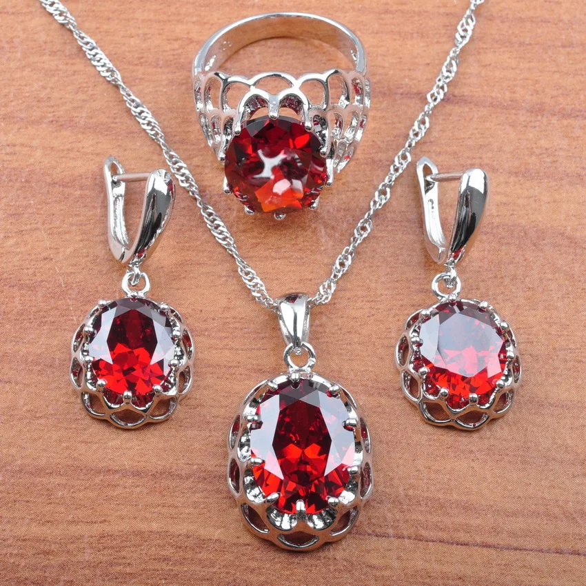 Серьги и колье кольцо Ювелирные наборы для женщин Серебряный цвет красный гранат
