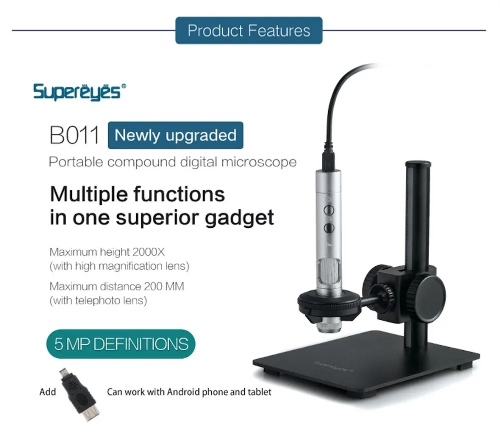 Цифровой микроскоп Supereyes B011 5MP 500X Zoom USB Лупа Ручной эндоскоп | Безопасность и