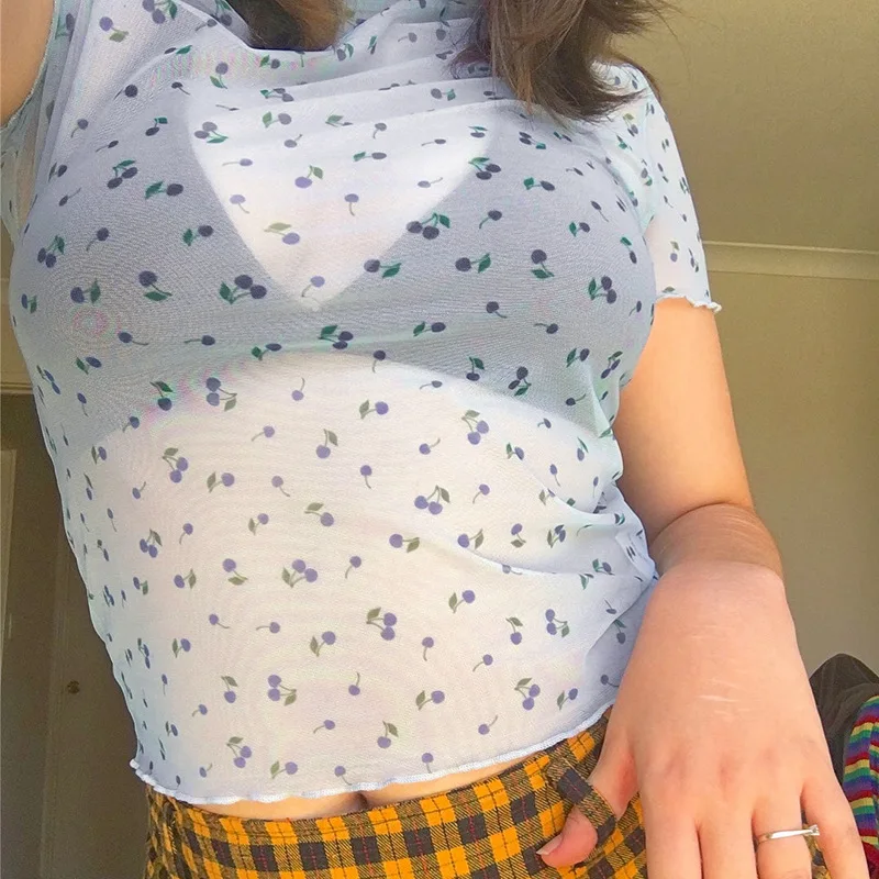 Милые сетчатые Топы Ruoru в стиле Харадзюку Просвечивающая футболка с вырезами