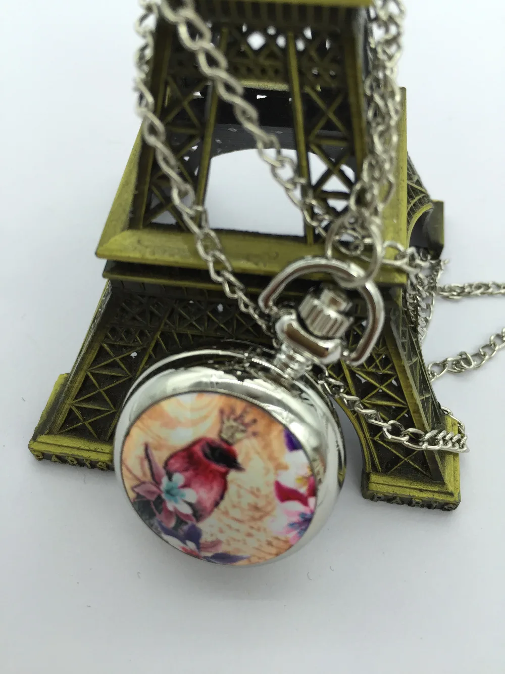 

New fashion quartz White steel silver Crown bird Flip clock pendant Flip clock Necklace pocket watches