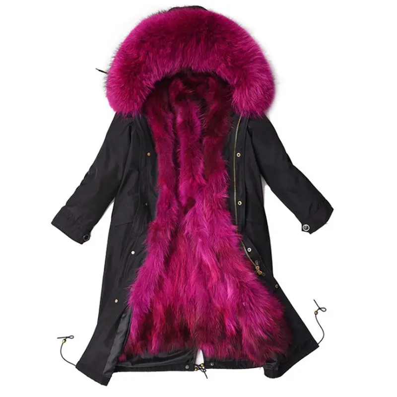 Зимние длинные женские парка Толстая Лисий натуральным большой меховой воротник