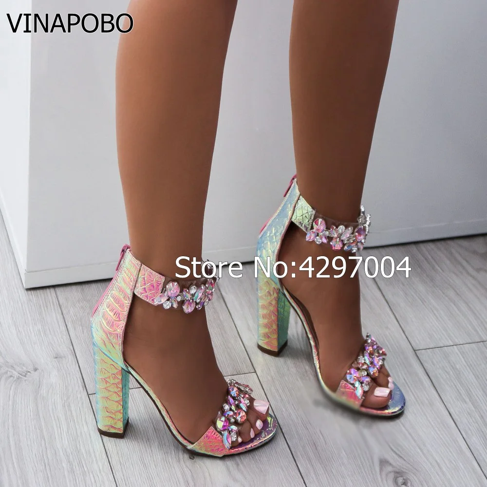 VINAPOBO/ г.; роскошные женские босоножки со стразами на квадратном каблуке; туфли-лодочки на молнии; сандалии на массивном каблуке; женская летняя пикантная обувь на толстом каблуке