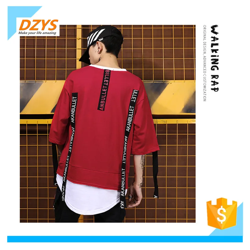

DZYS European seven sleeves fake two short-sleeved men and women half-sleeved T-shirt street hip-hop ribbon street dance clothes