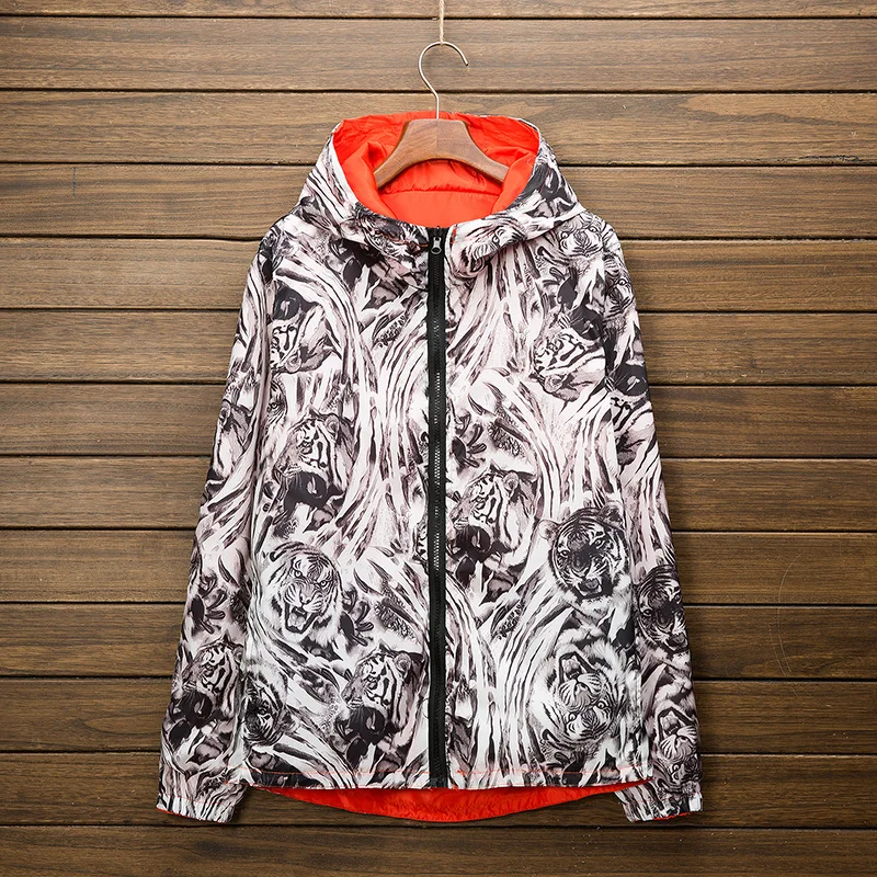 

2019 Spring Men's Double Sided Coat Mens Hoodies Casual Jacket Brand Clothing Mens Windberaker Coats Male Outwear Tiger Pattern