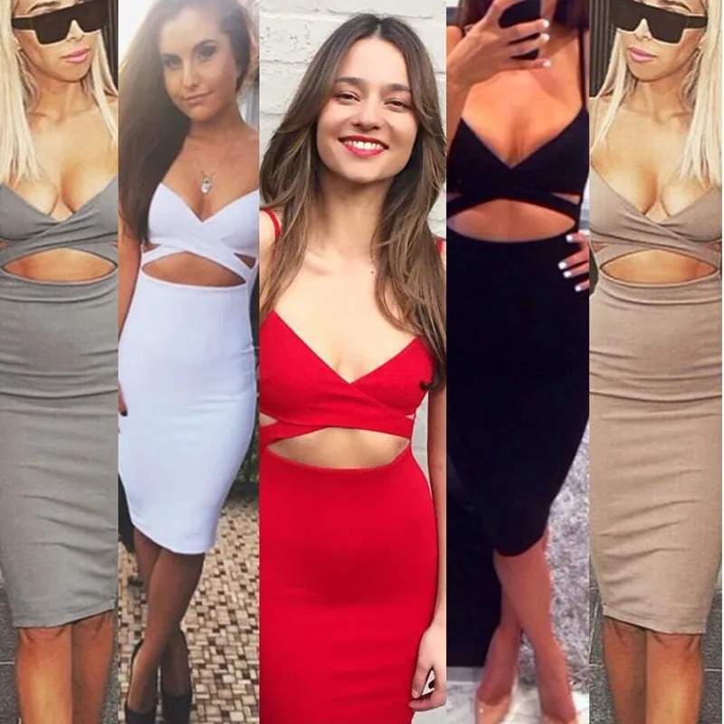Diwish Bodycon Dress Women 2019 Spaghetti Strap Midi V-Neck Sexy Cut Out White Black Party Dresses Evening Clubwear | Женская одежда