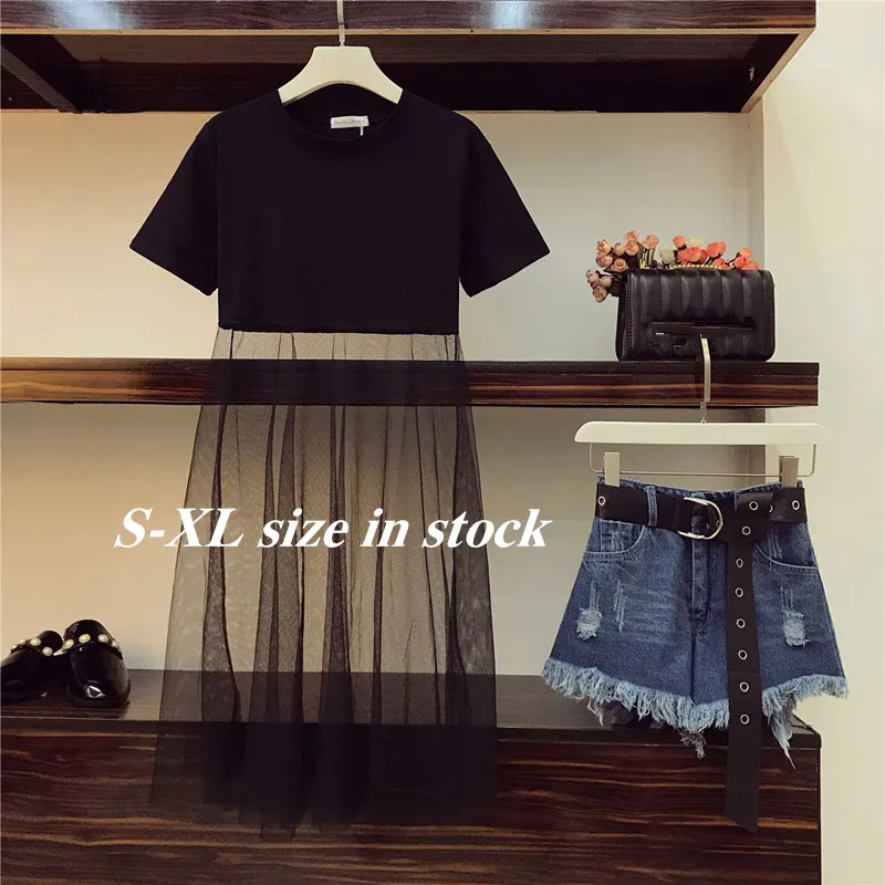 Роскошные Качество Лето 2019 г. для женщин сетки лоскутное черная длинная футболка