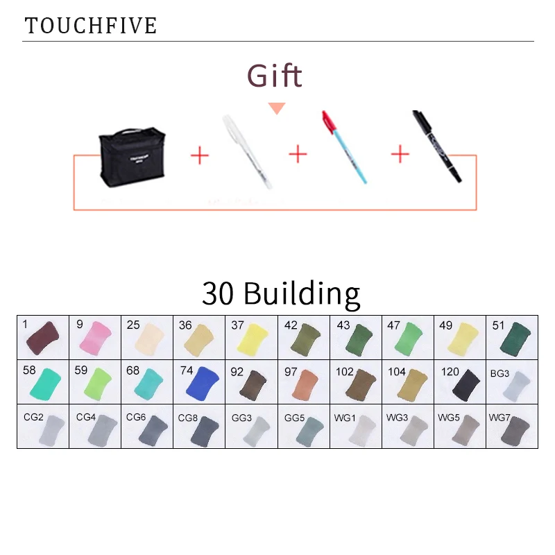 30 BUILDING TouchFIVE 20 Вт, 30 Вт/40/60/80 Цвет маркеры манга рисунок Маркеры Ручка на спиртовой основе эскиз жирной двойной кисть товары для рукоделия - Цвет: 30 BUILDING