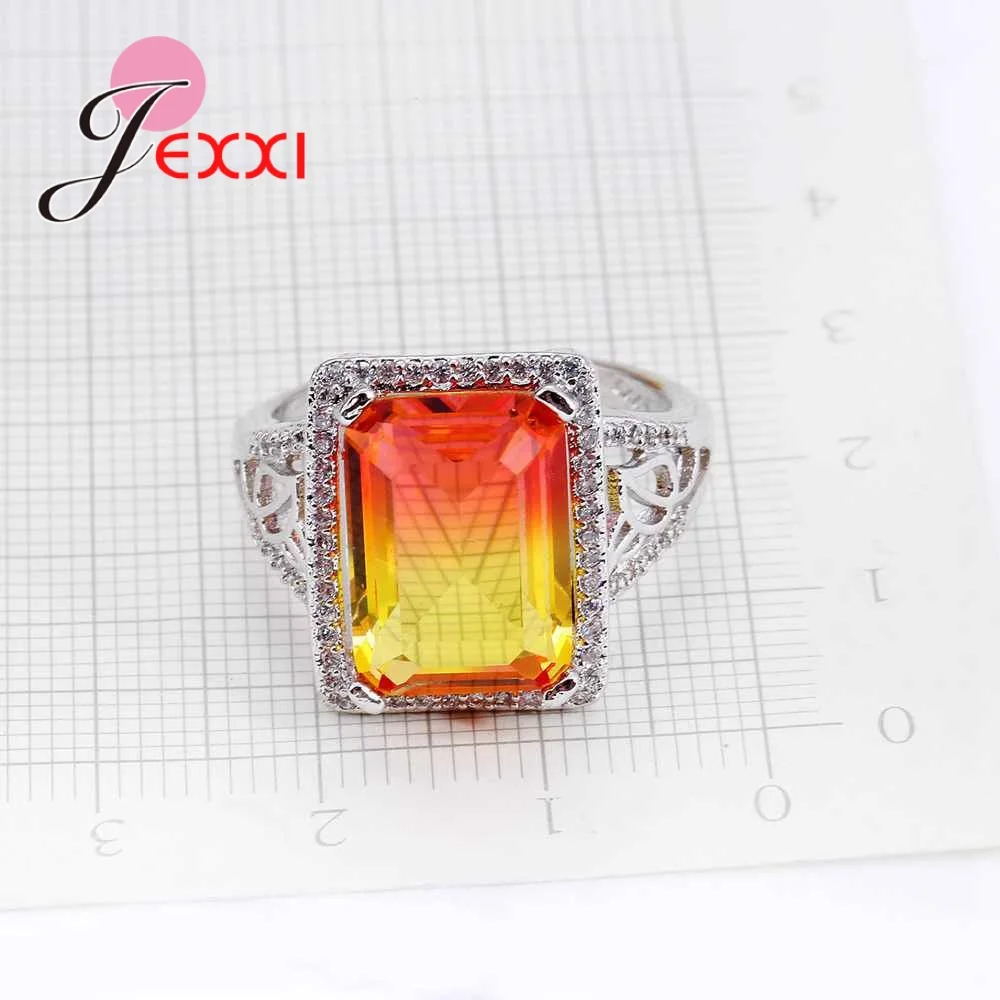 

Orange Color Rainbow Austrian Crystal Wedding Engagement Rings For Women With Cubic Zircon Silver Bands Anillos