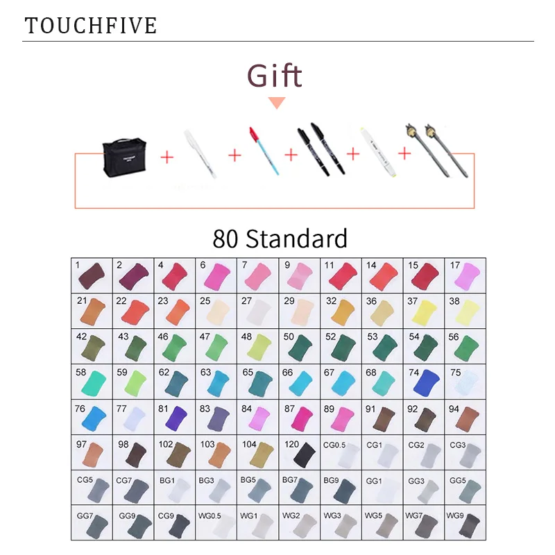 TouchFIVE 20 Вт, 30 Вт/40/60/80 Цвет маркеры манга рисунок Маркеры Ручка на спиртовой основе эскиз жирной двойной кисть товары для рукоделия - Цвет: 80 STANDARD