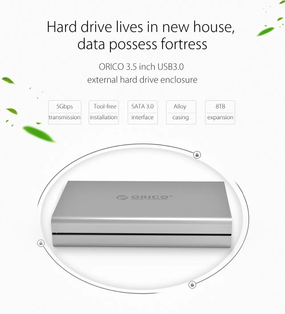 ORICO 3,5 дюйма USB3.0 внешний жесткий диск Корпус SATA алюминиевый сплав HDD чехол 5 Гбит/с передача с 12V2A адаптер питания