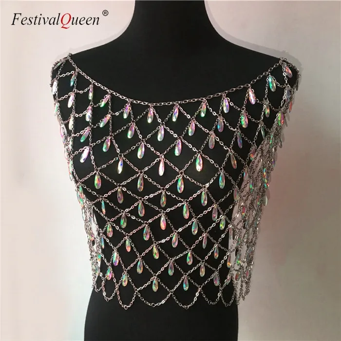 FestivalQueen, Женская майка с кристаллами и блестками, ручная работа, пэчворк, металл, выдалбливают, Rave, праздничная одежда, вечерние топы - Цвет: colorful tank top