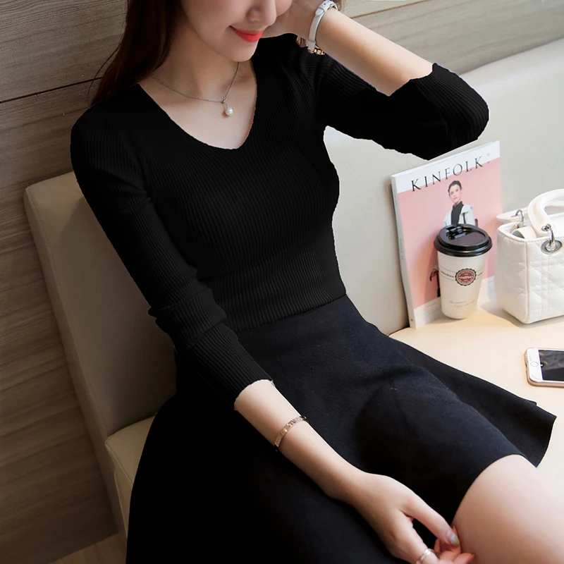 Женский свитер AOSSVIAO черный с длинным рукавом и треугольным вырезом для осени