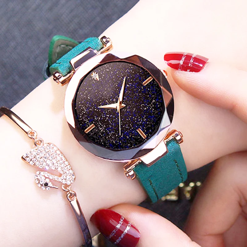 Новый модный бренд розовое золото кожаные женские часы звезда Сияющий бриллиант