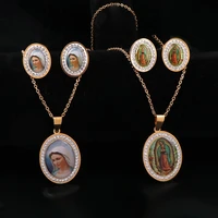 high quality oval virgin mary christian catholic necklace for women gold 316l stainless steel with rhinestone necklaces set