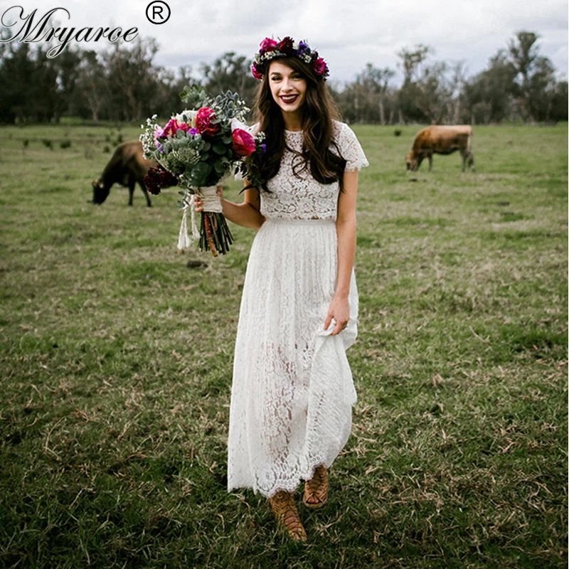 Mryarce Короткое свадебное платье из двух частей кружевной лиф бохо с коротким