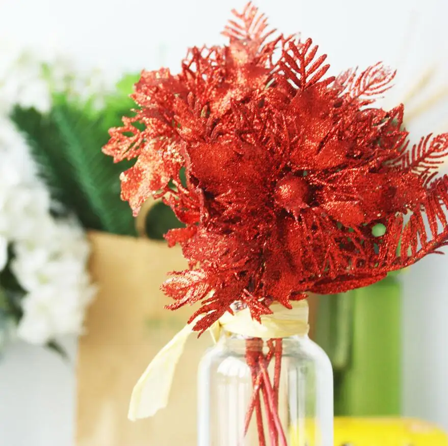 

10pcs Glitter Powder Artificial Chrysanthemum Flower Arrangement For Wedding Christmas Party Tree Venun Home Bar Decoration