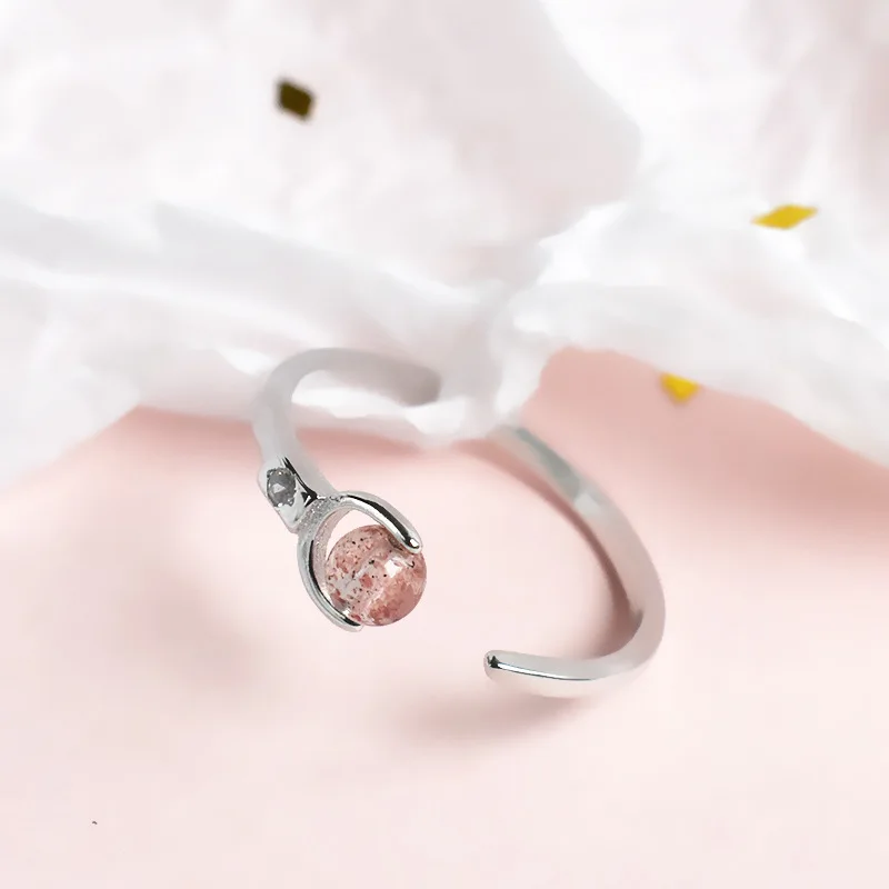 Strawberry Crystal Кольцо с открытым хвостом из стерлингового серебра S925 пробы, кольцо с аметистом, натуральным кристаллом розового кварца, милое модное кольцо рейки, исцеляющее ювелирное изделие - Цвет камня: Strawberry Crystal