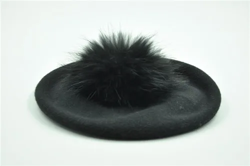 Black match fur Женские береты, шапка, зимние женские Повседневные вязаные шерстяные береты с натуральным мехом енота, весенние женские одноцветные береты, шапки - Цвет: Black match fur