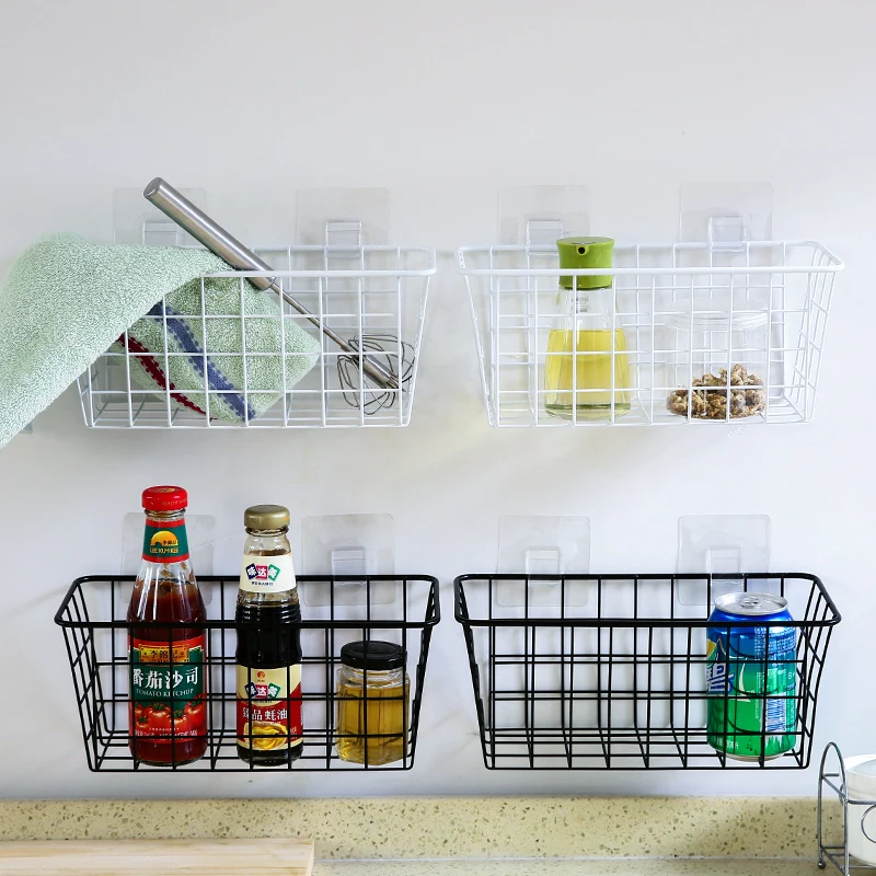 

1pc Kitchen Wrought Iron Hanging Basket Wall-mounted Storage Basket Kitchen Bathroom Punch-free Storage Basket