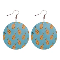 printed unicorn wooden round earrings for women geometric wood jewelry pineapple cactuses disc earrings wholesale