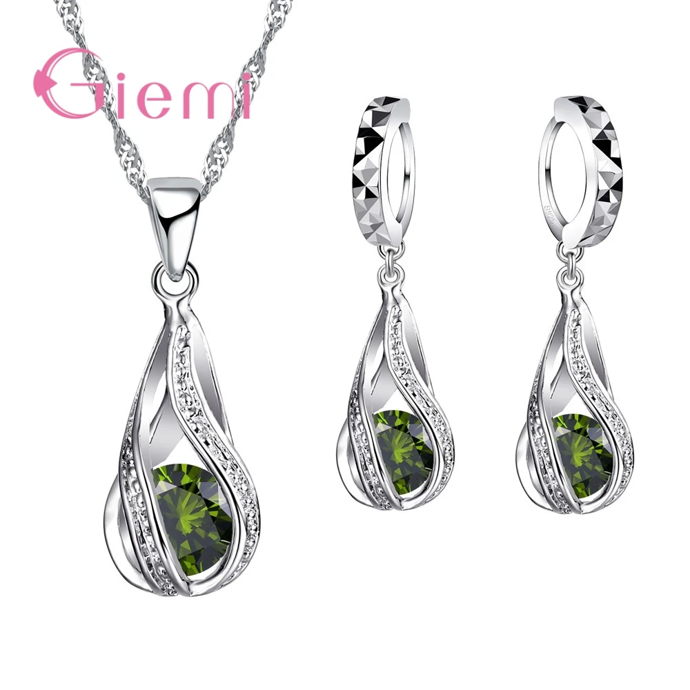 Green 925 пробы, серебро, новая капля воды, кубический циркон, подвеска, ожерелье и серьги для женщин, дамские ювелирные наборы, свадебные - Окраска металла: Green