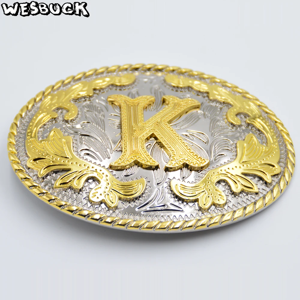 

WesBuck Brand Oval 3D Lace Gold K Initial Letter Cowboy Belt Buckle With Metal Fashion Women Men's PU Leather Belt Holiday Gifts