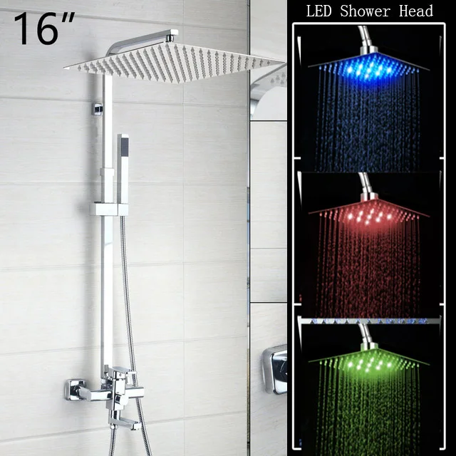 16 inch led KEMAIDI 3 размера светодиодный смеситель для душа набор водопроводный дождевой ручной хромированный квадратный распылитель Ручной верхний душевой набор для ванной комнаты - Цвет: 16 inch led
