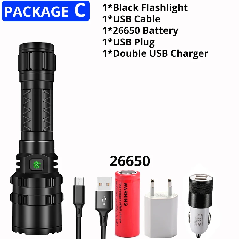 Package C-26650 Самый мощный Xlamp Xhp50.2 светодиодный фонарик Перезаряжаемые Водонепроницаемый фонарь Usb фонари 18650 или 26650 лучший отдых на природе, на открытом воздухе - Испускаемый цвет: Package C-26650