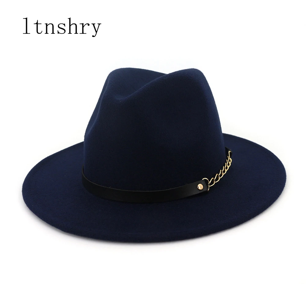 5 Autumn Winter Felt Fedora Hats With Belt Wide Flat Brim Jazz Trilby Formal Top Hat Panama Cap For Unisex Men Women - Цвет: 5