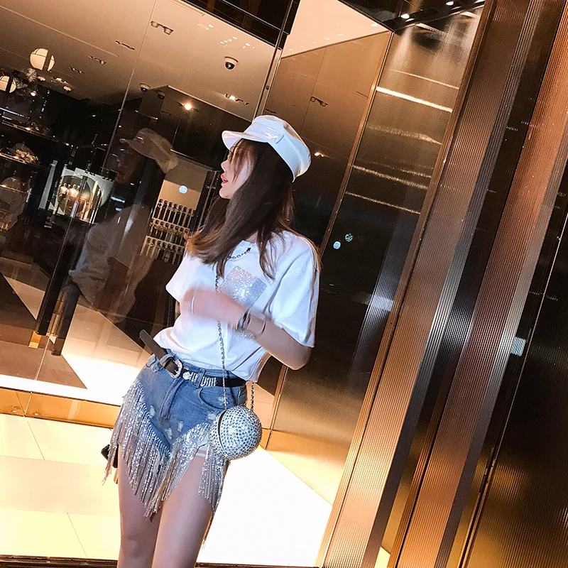 WHITNEY WANG Летняя мода уличная одежда Bling Diamond Tassel ripped джинсовые шорты для женщин и девушек джинсовые штаны