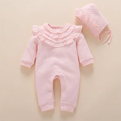air cotton pink Осенне-зимний плотный кружевной комбинезон для новорожденных девочек, Теплый Розовый хлопковый комбинезон+ детская шапка, одежда для малышей, комбинезон для младенцев, комбинезон - Цвет: air cotton pink