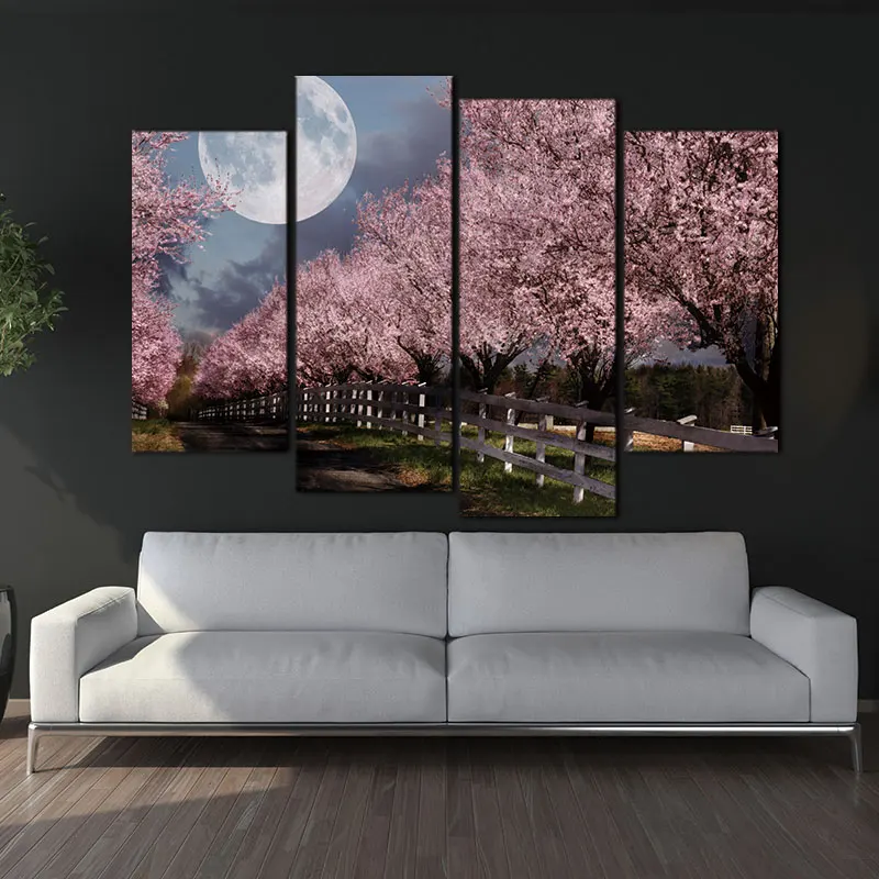 

4 Panels Unframed Canvas Photo Prints The Moon Under The Cherry Trees Wall Art Picture Canvas Paintings Wall Decorations