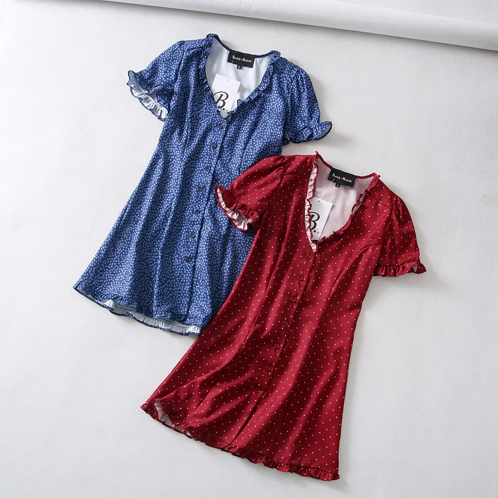 Платье с оборками на рукавах 2019 женское мини-платье v-образным вырезом и летнее