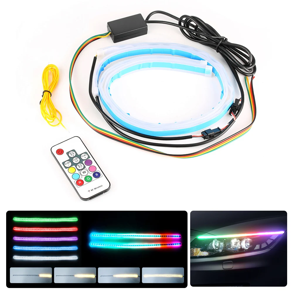 Новинка, RGB, тонкий, последовательный, гибкий светодиодный, DRL, для головы, светильник, Полоска, дневной ходовой светильник, с пультом дистанционного управления, 12 В, RGB, динамический DRL