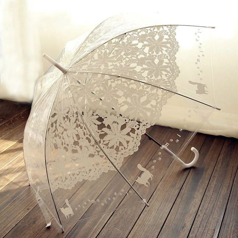 Женский прозрачный зонт зонтик с длинной ручкой и принтом в виде маленьких ног