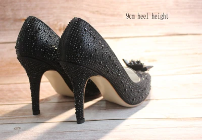 black 9cm heel Г., новые блестящие стразы, обувь Золушки на высоком каблуке женские туфли-лодочки женские свадебные туфли с острым носком, украшенные кристаллами zapatos mujer - Цвет: black 9cm heel