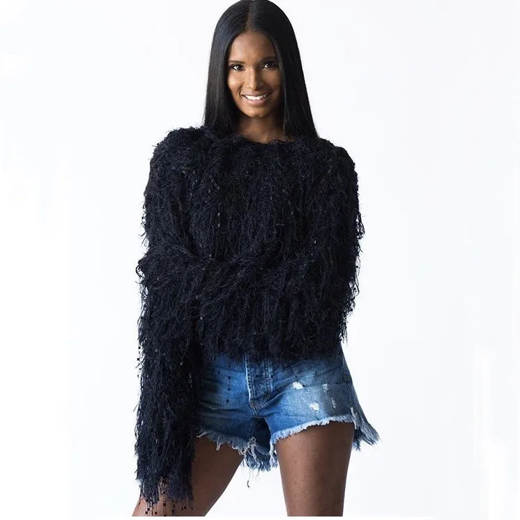 black sweaters Женский свитер с круглым вырезом и кисточками, повседневные топы с длинным рукавом, Свободный пуловер, осенне-зимние топы - Цвет: black sweaters