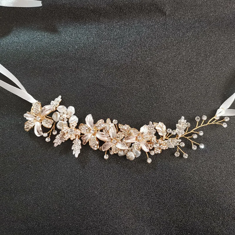 SLBRIDAL ручной работы золотые кристаллы стразы пресноводный жемчуг свадебные