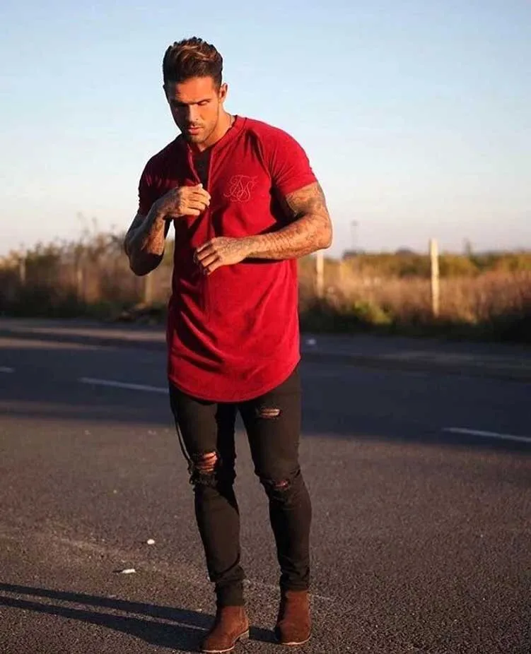 Шелковый siksilk футболка черный белый красный сплошной стиль хип-хоп Футболка Топ Мода Мужская футболка Топ Мужская удлиненная