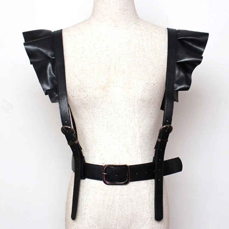 Hot-Selling Popular 2017 Women PU Leather Belts with Ruffles Decorating Shoulders Leather Suspenders Belt